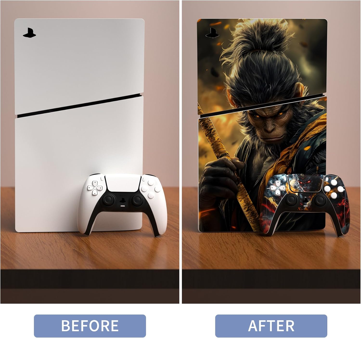 PlayVital Full Set Skin Sticker for ps5 Slim Console Disc Edition (The New Smaller Design), Vinyl Skin Decal Cover for ps5 Controller & Headset & Charging Station - Wasteland & Cloudstorm Wukong