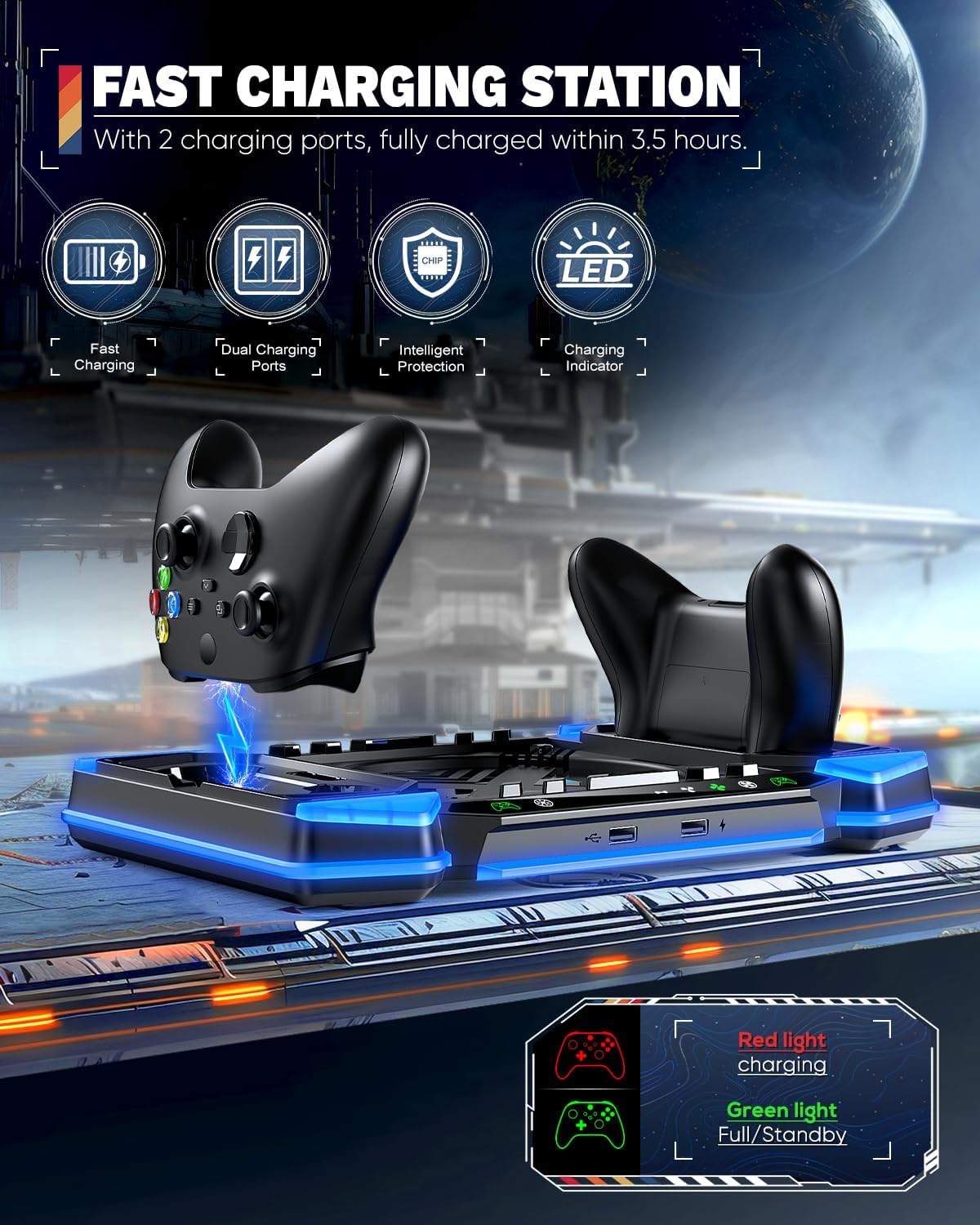 Top Auto Cooling Fan & Charge Stand for Xbox Series X Console with 11 Light Modes, Accessories Controller Wireless Charger Dock, 2*1400mAh Rechargeable Batteries, Headset Stand & Game Disc Storage