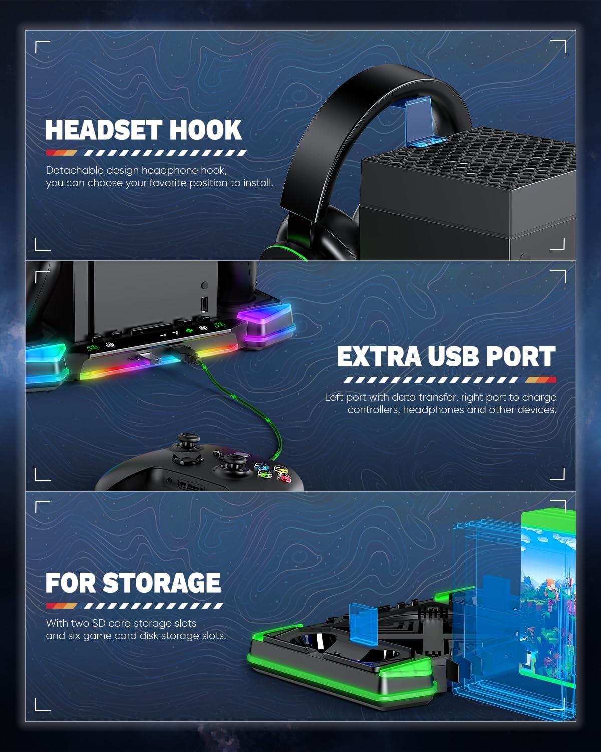 Top Auto Cooling Fan & Charge Stand for Xbox Series X Console with 11 Light Modes, Accessories Controller Wireless Charger Dock, 2*1400mAh Rechargeable Batteries, Headset Stand & Game Disc Storage