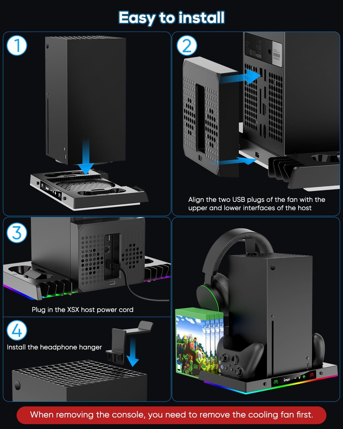 MENEEA Upgraded Cooling Fan Charging Station for Xbox Series X Console & Controller, Dual Charger Dock & Cooler System Stand with 15 Colorful Lights for Xbox Series X Accessories Kit