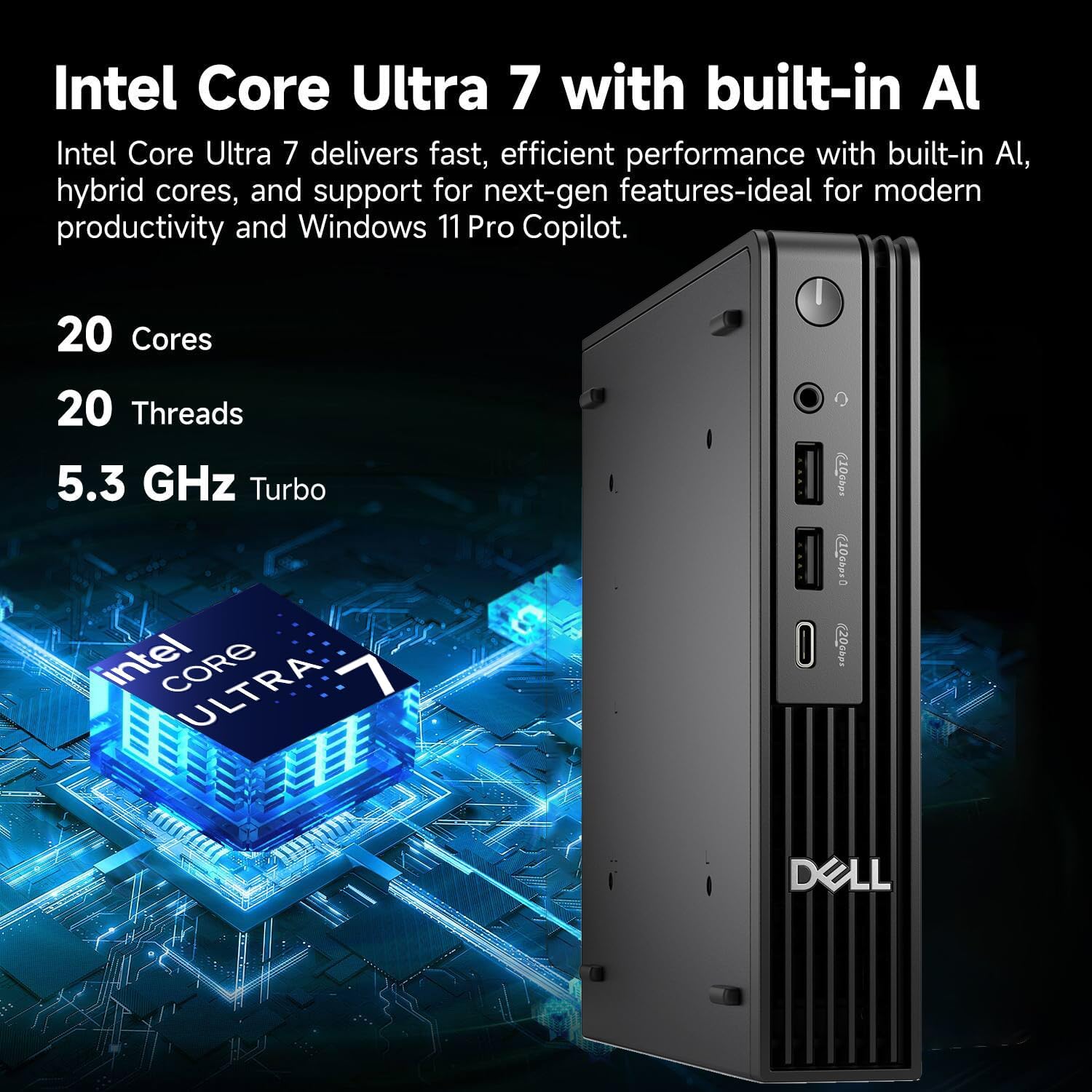 Dell Pro Micro Plus Desktop Computer, Next Gen OptiPlex 7000 MFF, Intel 20-Core Ultra 7 265, 32GB DDR5 RAM, 1TB PCIe SSD, Al Copilot+ Mini PC, 3 DisplayPort & 2 Type-C, WiFi 6 & BT, Windows 11 Pro