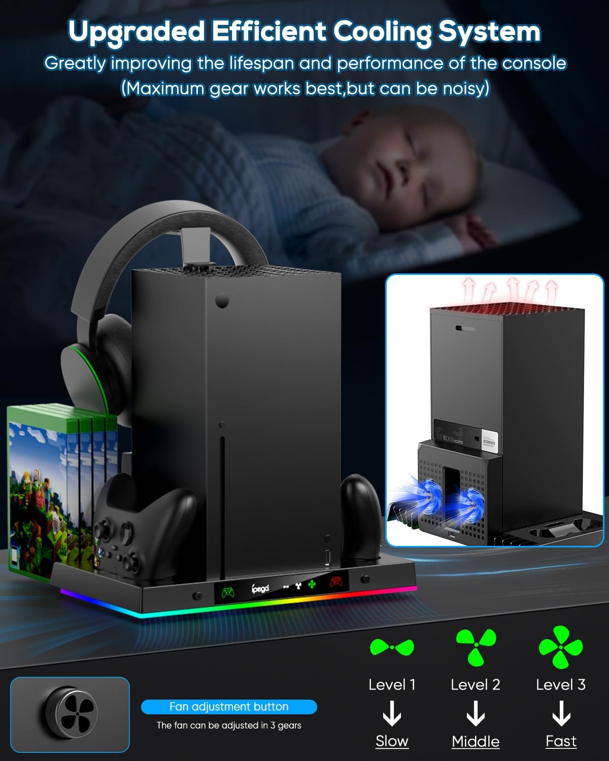 MENEEA Upgraded Cooling Fan Charging Station for Xbox Series X Console & Controller, Dual Charger Dock & Cooler System Stand with 15 Colorful Lights for Xbox Series X Accessories Kit