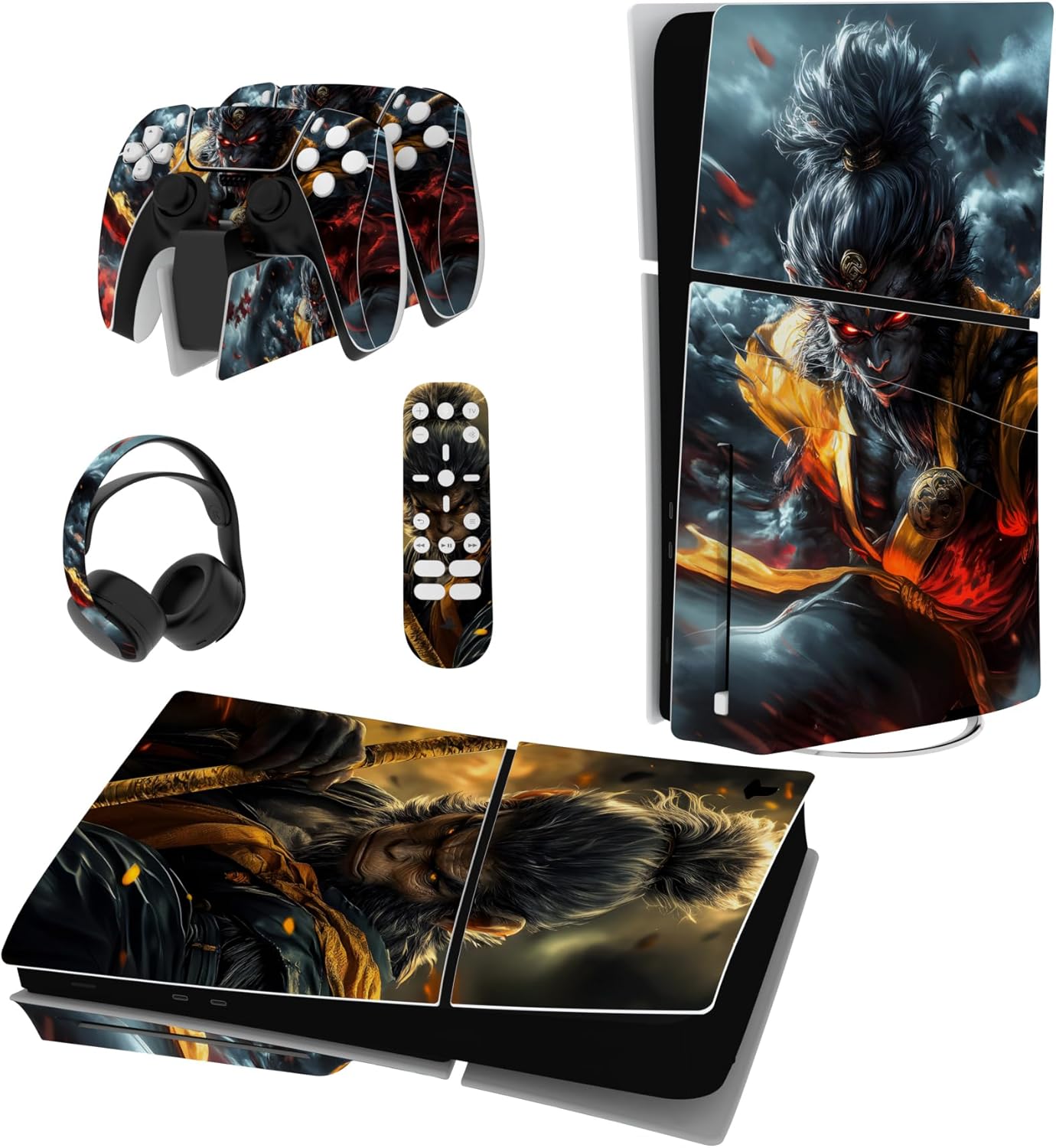 PlayVital Full Set Skin Sticker for ps5 Slim Console Disc Edition (The New Smaller Design), Vinyl Skin Decal Cover for ps5 Controller & Headset & Charging Station - Wasteland & Cloudstorm Wukong