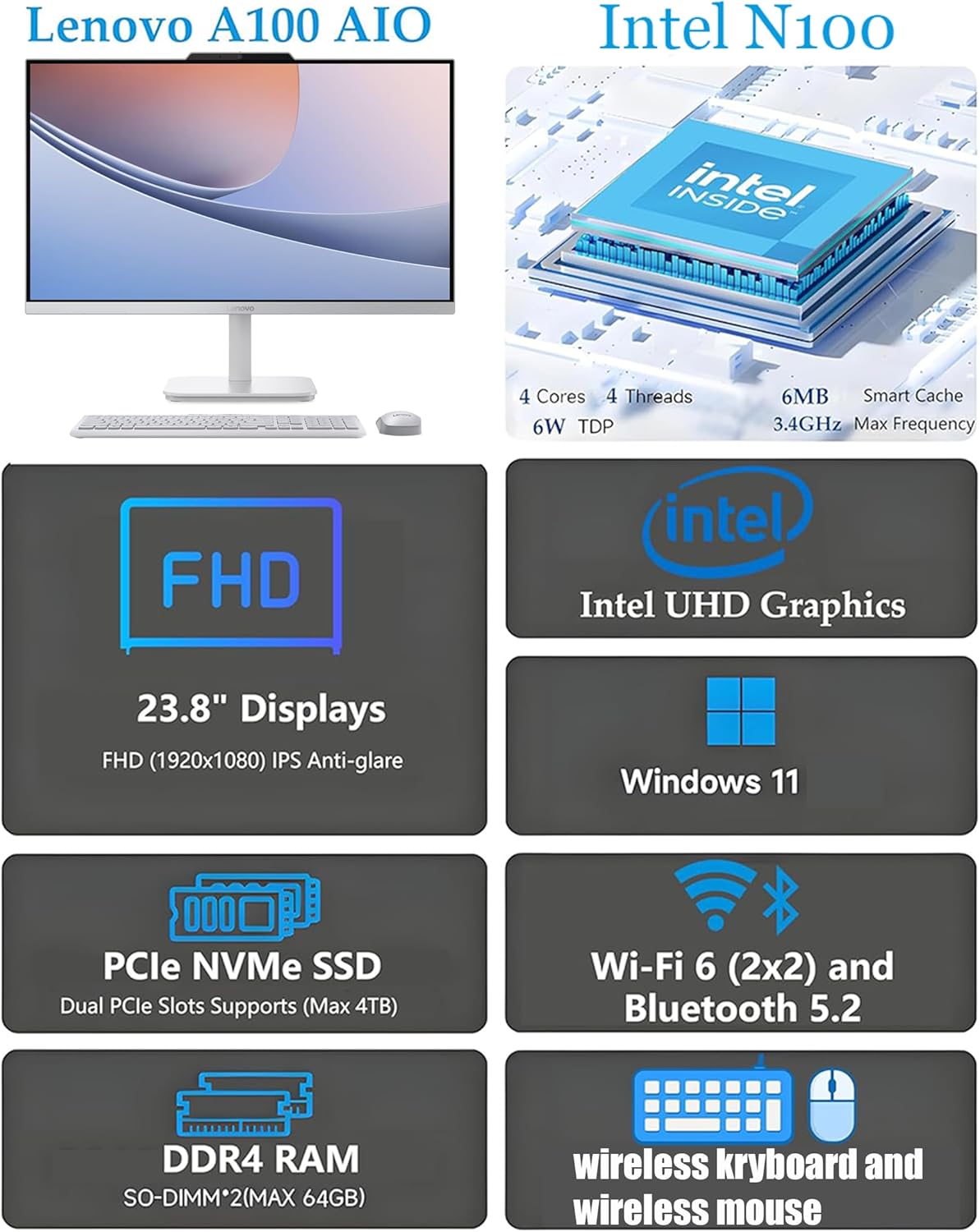 Lenovo 24" FHD All-in-One Desktop Computer for Home & Office, Intel Processor, 16GB RAM, 500GB External + 128GB PCIe, HDMI, Bluetooth 5.2, Business AIO, Vent-Hear, Wireless Keyboard & Mouse, Win 11