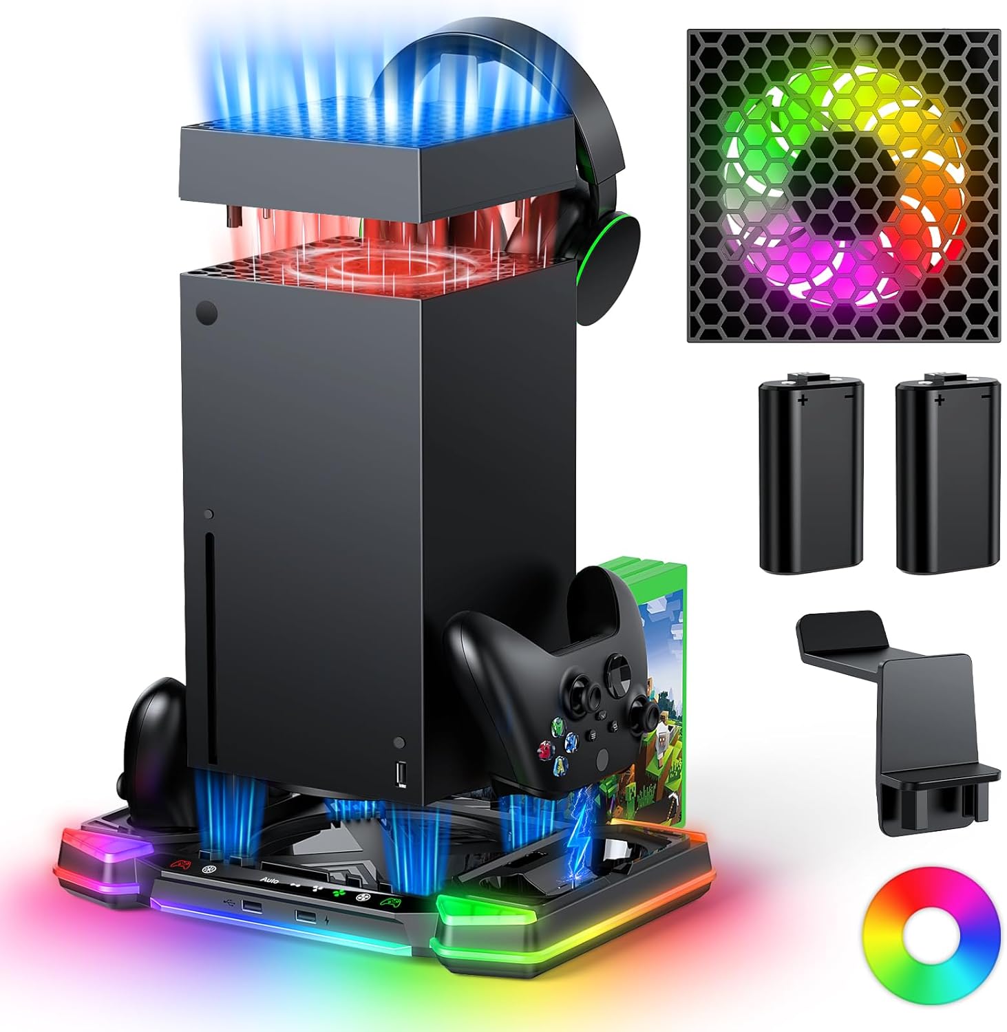 Top Auto Cooling Fan & Charge Stand for Xbox Series X Console with 11 Light Modes, Accessories Controller Wireless Charger Dock, 2*1400mAh Rechargeable Batteries, Headset Stand & Game Disc Storage