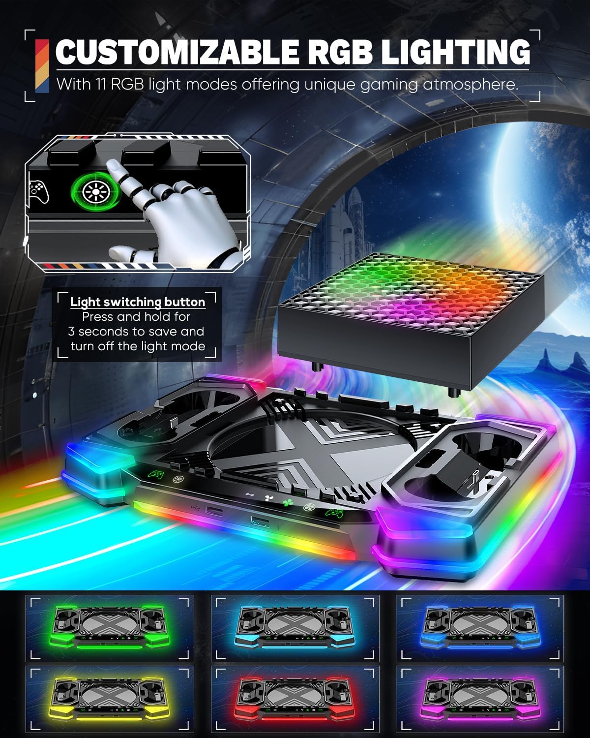 Top Auto Cooling Fan & Charge Stand for Xbox Series X Console with 11 Light Modes, Accessories Controller Wireless Charger Dock, 2*1400mAh Rechargeable Batteries, Headset Stand & Game Disc Storage