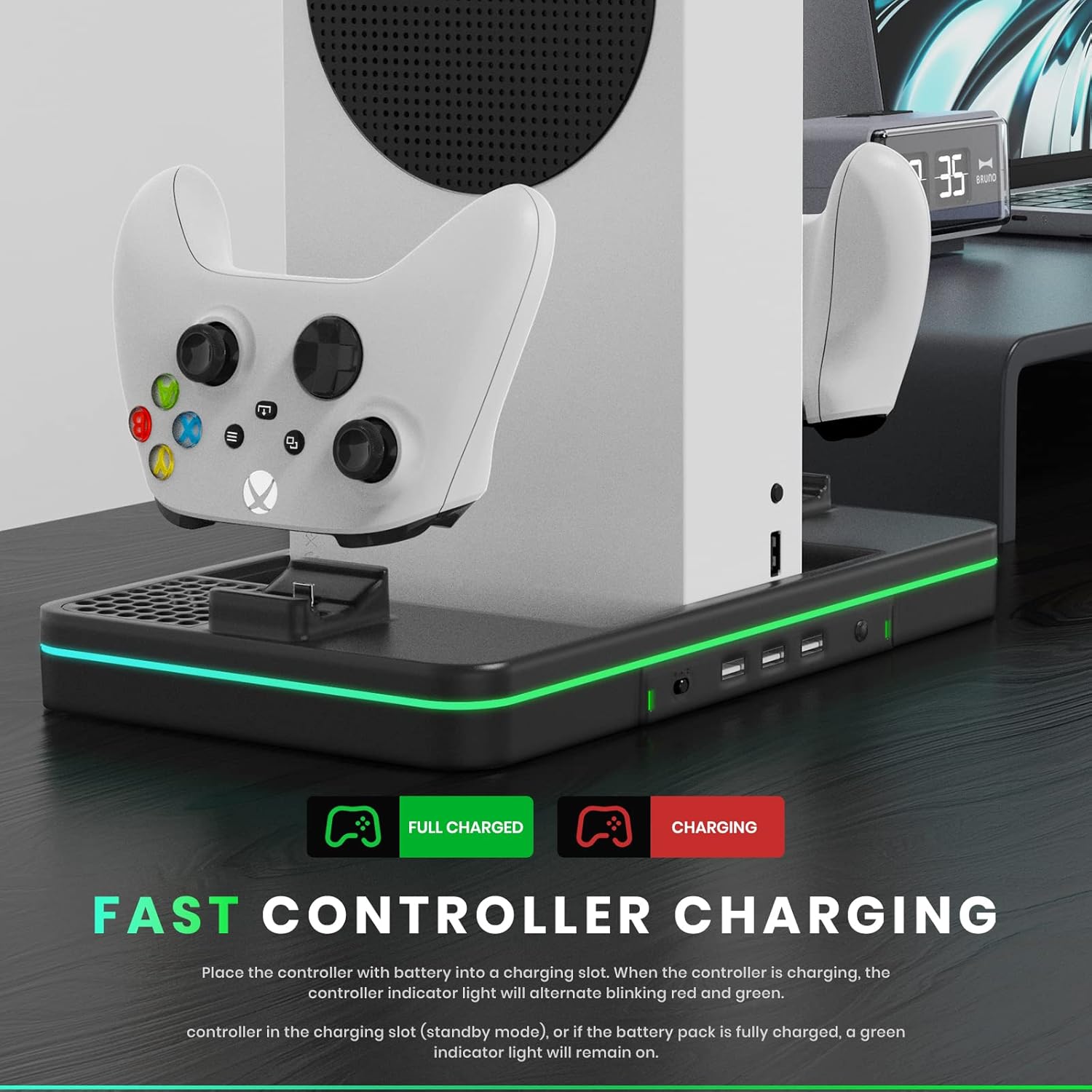 Charging Stand with Cooling Fan, CODOGOY Vertical Stand Compatible with Xbox Series X/S Console and Controller, Vertical Dual Controller Charger Station Dock Accessories with 3 USB Ports, black