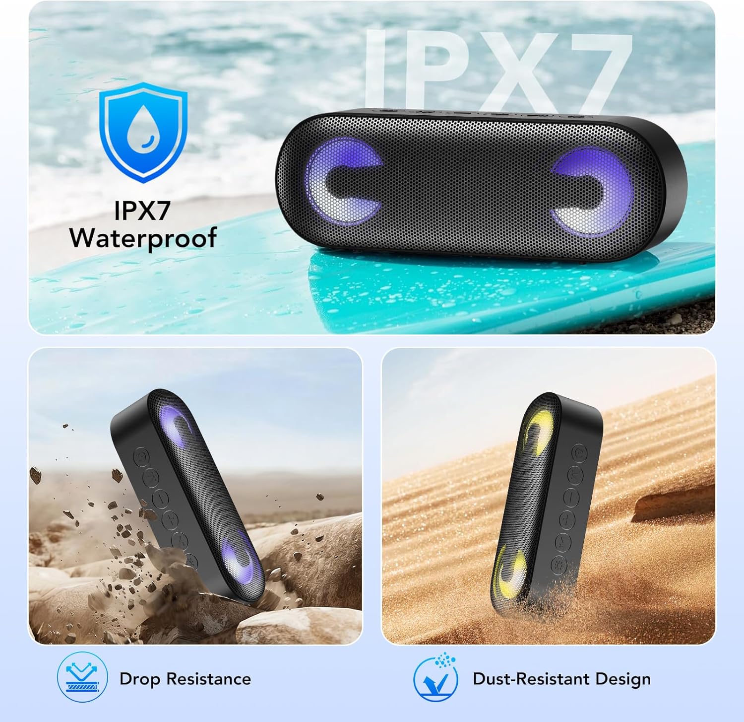 IKT Portable Bluetooth Speaker with Lights x Stocking Stuffers, Loud Stereo Sound, BT5.4, Enhanced Bass,30H Playtime,TWS Pairing, IPX7 Waterproof, Speakersfor Home/Party/Outdoor