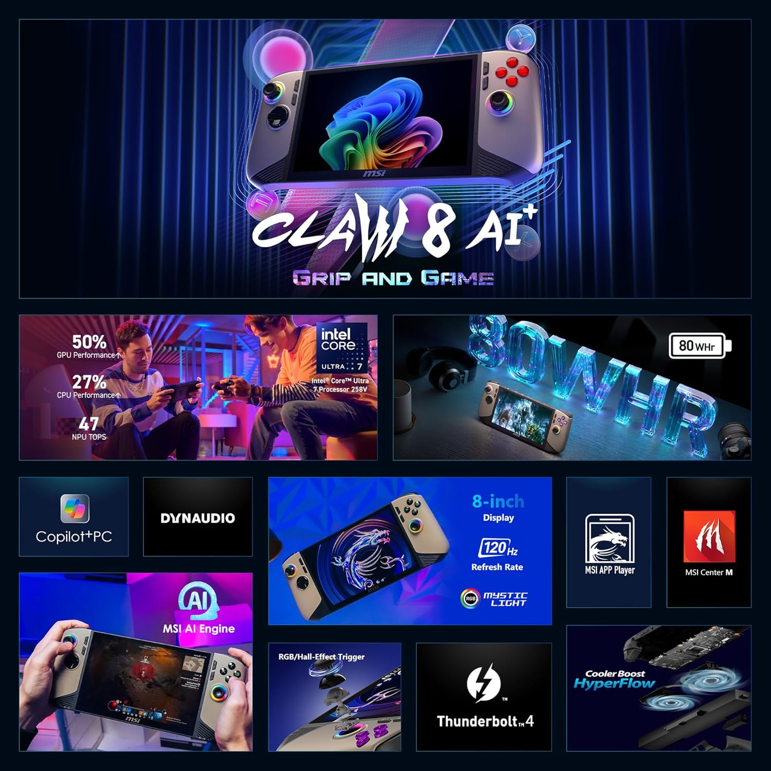 msi Claw PC Gaming Handheld: Intel Ultra 7-258V, 8" FHD 120Hz Display, 32GB LPDDR5, 1TB NVMe SSD, MicroSD Card Reader, Thunderbolt 4, Win 11 Home: Black 8 AI+ A2VM-001US